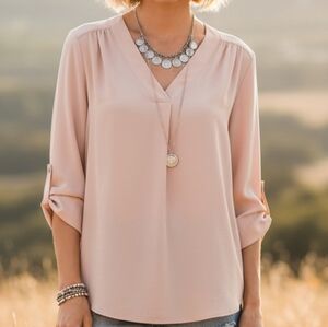 Jones New York Blush V-Neck Tunic Roll Tab Sleeve Top Size M